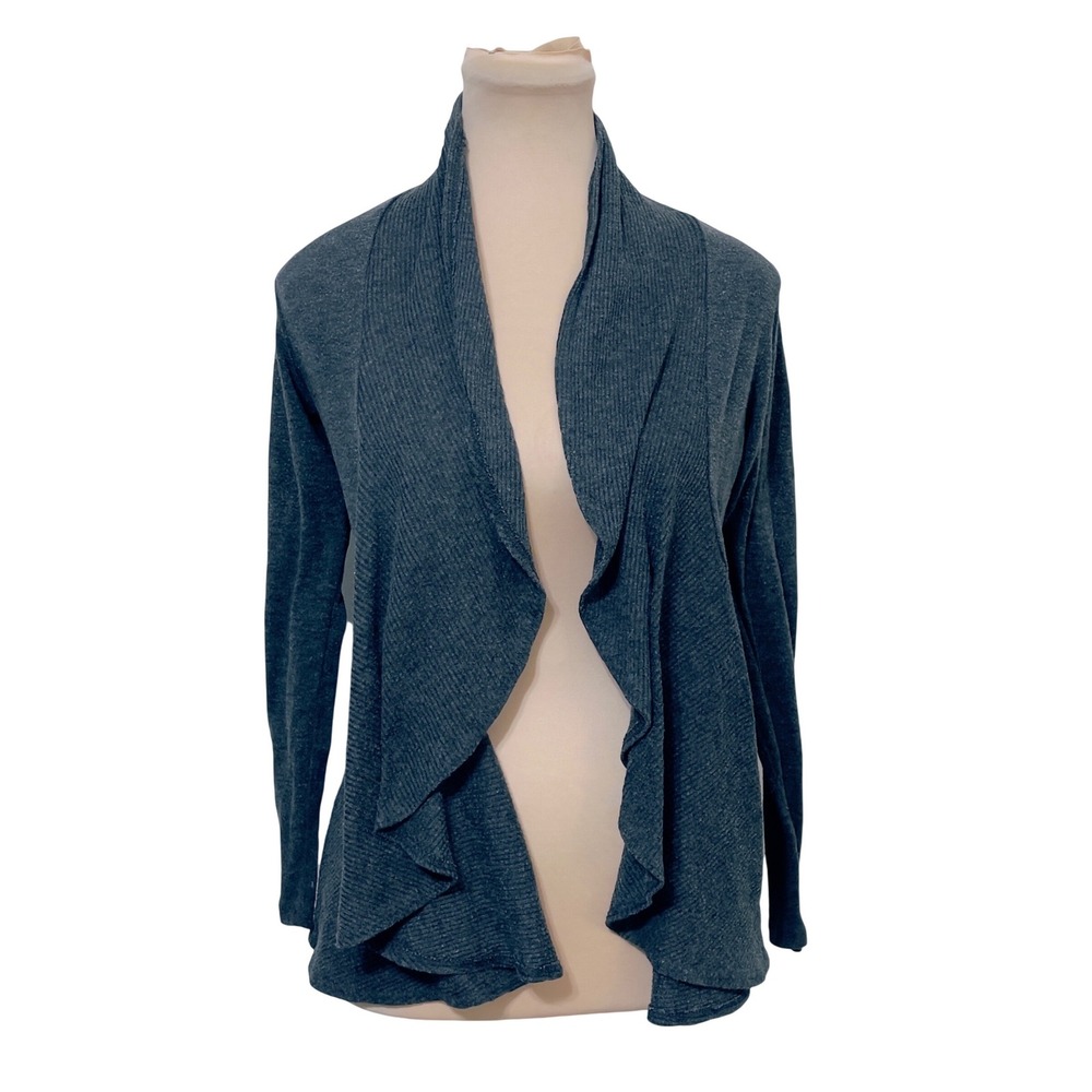 JKLA California Women Cardigan Gray Open Front Ribbed Knit Drape Preppy Casual